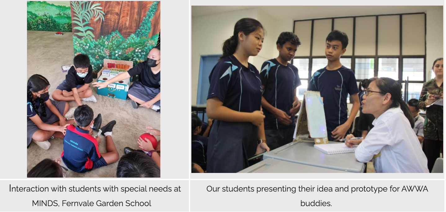 Two scenes: students sitting in a circle with special needs peers, and students presenting a prototype to a seated adult.